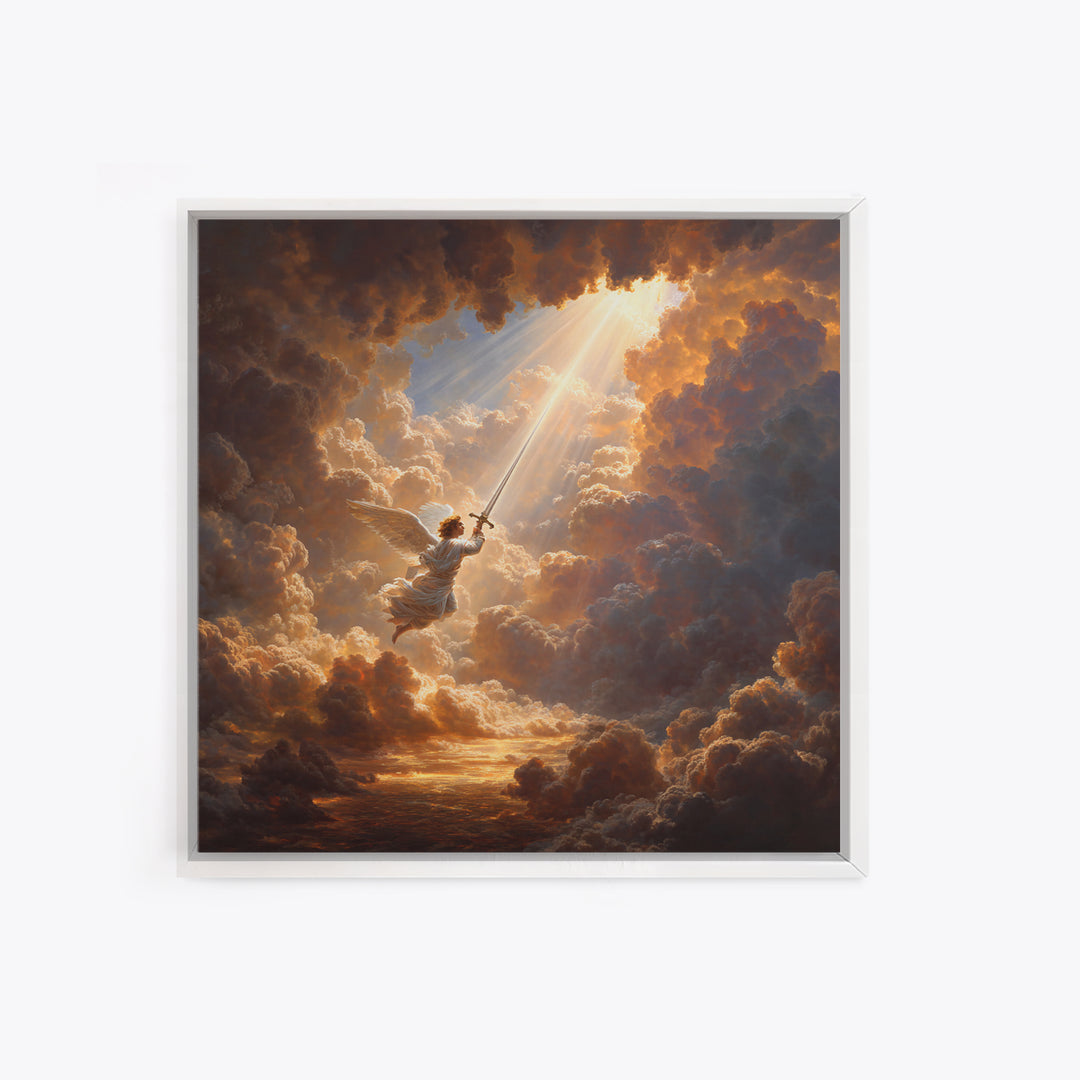 Angelic Warrior In Storm Clouds Framed Canvas Print, Christian Wall Art, Celestial Sword Painting For Prayer Room Decor Gift