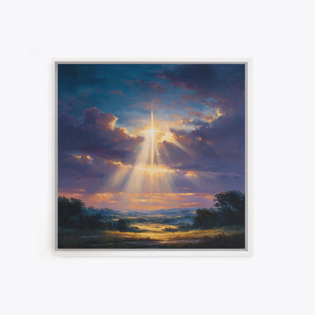 Radiant Cross Above Sunrise Valley Wall Art, Christian Landscape Canvas Print, Spiritual Decor, Inspirational Faith Gift