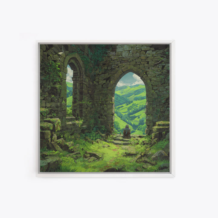 Castle Ruins Green Valley Knight Wall Art, Fantasy Landscape Canvas Print, Medieval Adventure Home Decor, Gamer Gift For Him