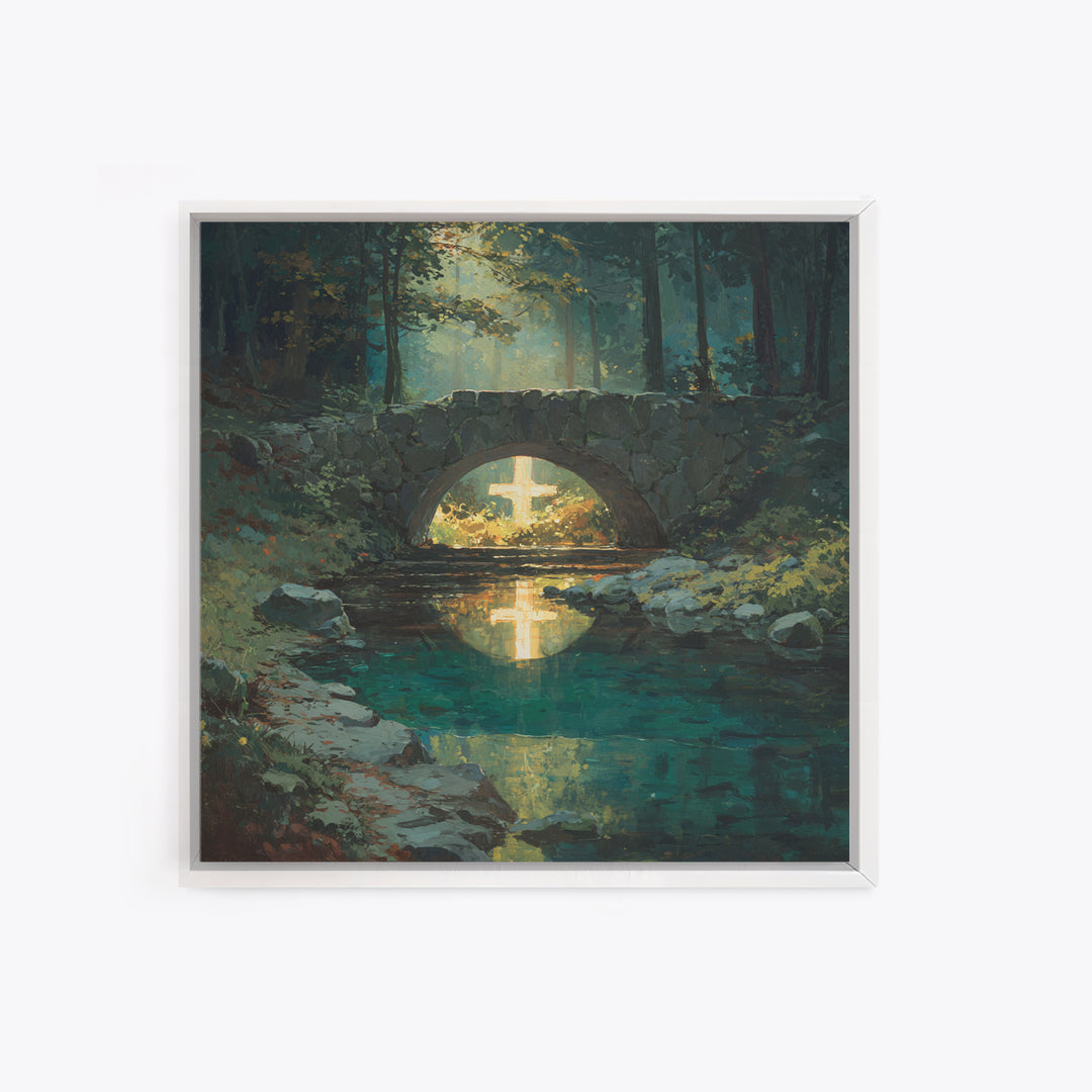 Glowing Cross Beneath Stone Bridge Framed Canvas Print, Christian Wall Art, Forest Stream Landscape, Calming Home Decor Gift