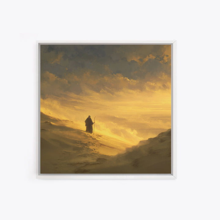 Lone Pilgrim Crossing Golden Desert Wall Art, Spiritual Landscape Canvas Print, Minimalist Desert Decor, Warm Neutral Home Decor