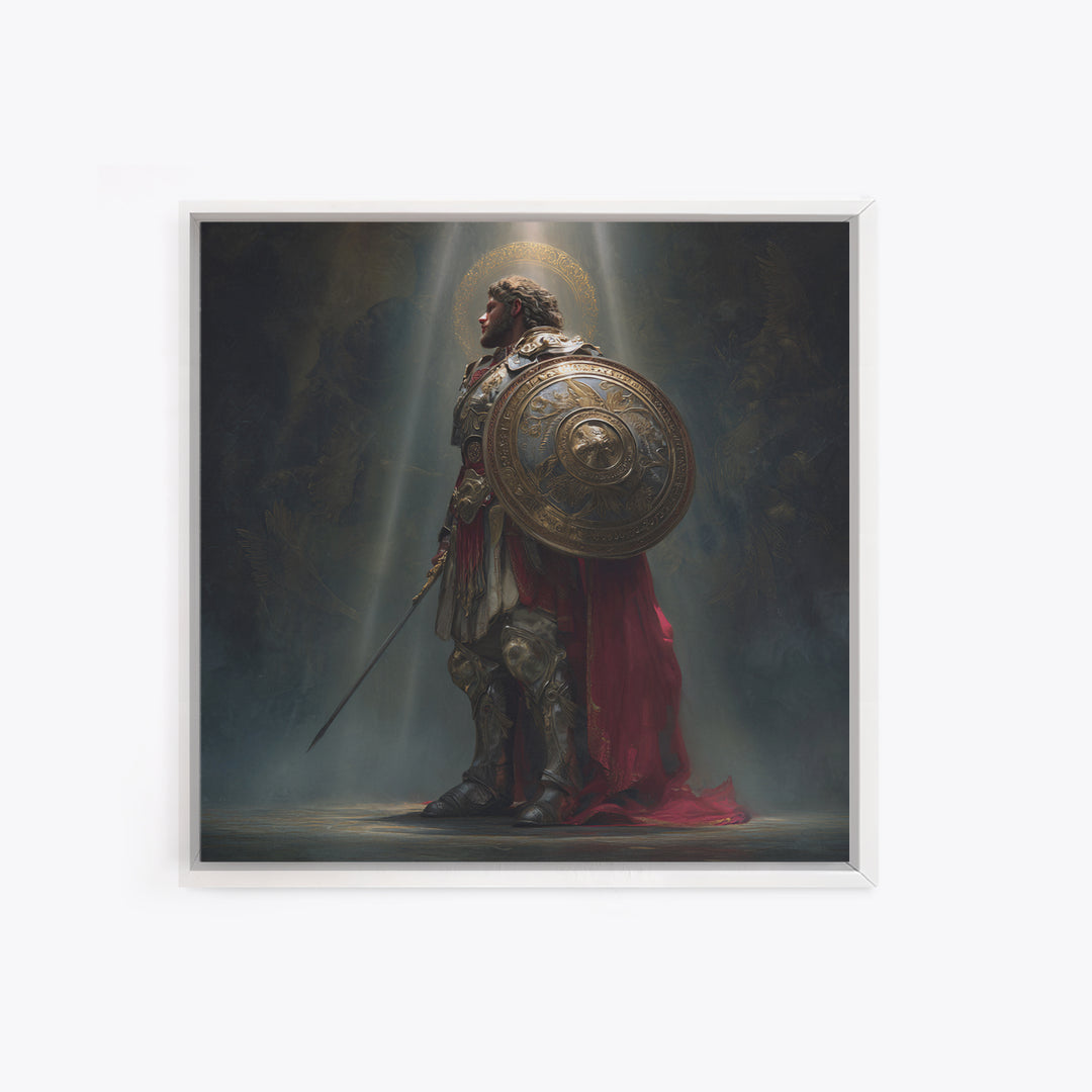 Angelic Warrior With Shield Framed Canvas Print, Dark Fantasy Wall Art, Renaissance Knight Decor For Dramatic Home Decor