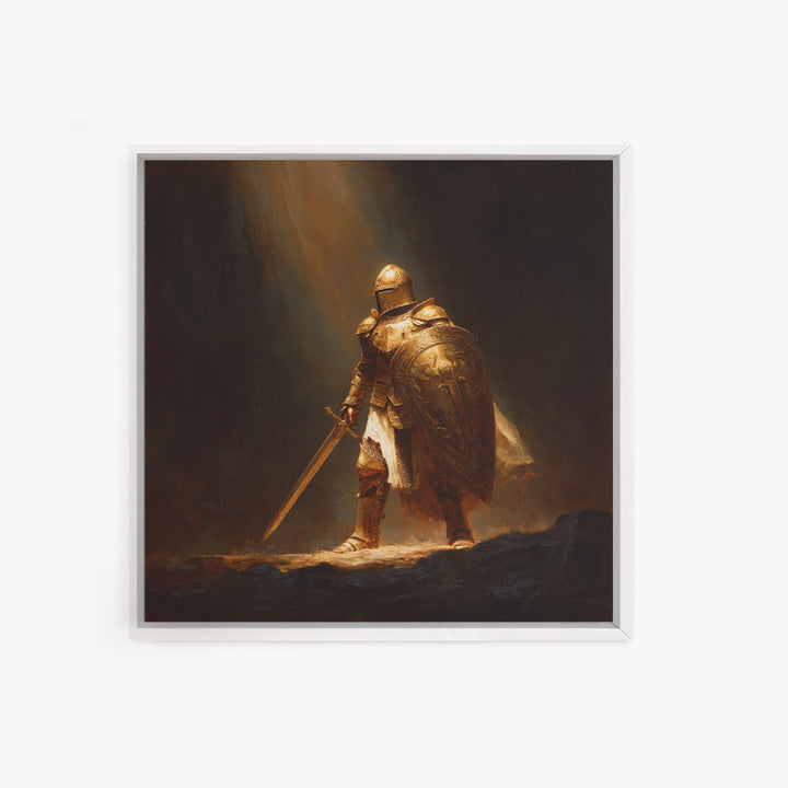 Golden Knight With Sword Canvas Print, Dark Fantasy Warrior Wall Art, Medieval Armor Painting, Masculine Office Decor, Gift For Him
