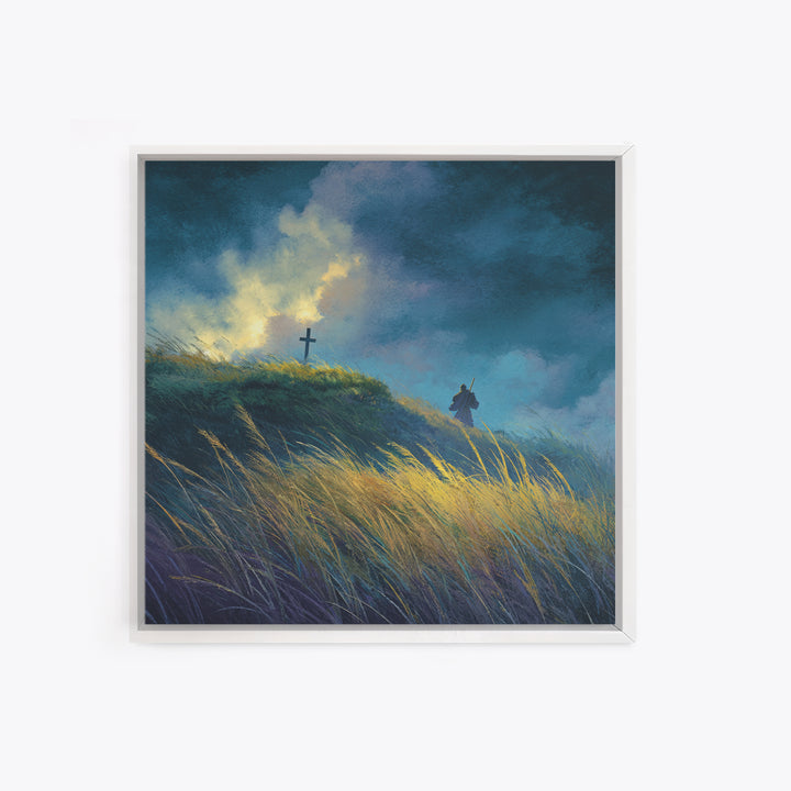 Solitary Pilgrim Near Cross Wall Art, Moody Christian Canvas Print, Windy Grassland, Spiritual Landscape Decor Gift For Him