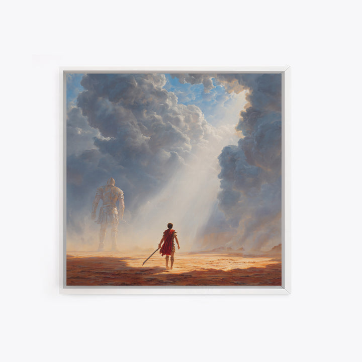 Young Hero Facing Cloud Giant Wall Art, Epic Fantasy Landscape Canvas Print, Mythological Adventure Decor, Gift For Gamer
