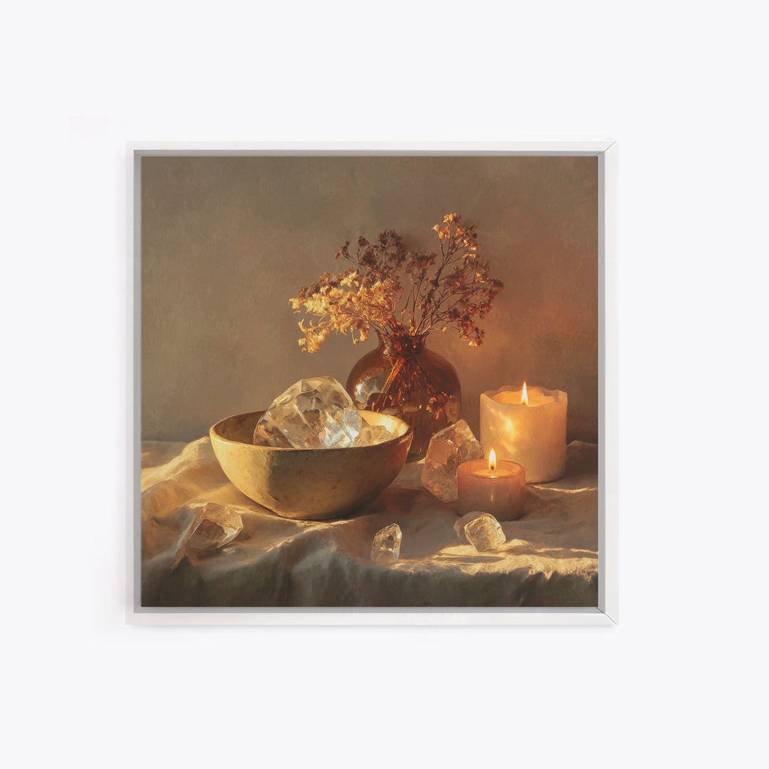 Glowing Candles Crystals And Dried Flowers Wall Art, Spiritual Still Life Canvas Print, Cozy Spa Decor For Bedroom And Meditation Room