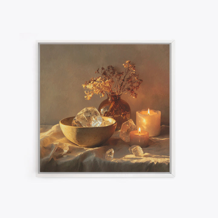 Glowing Candles Crystals And Dried Flowers Wall Art, Spiritual Still Life Canvas Print, Cozy Spa Decor For Bedroom And Meditation Room