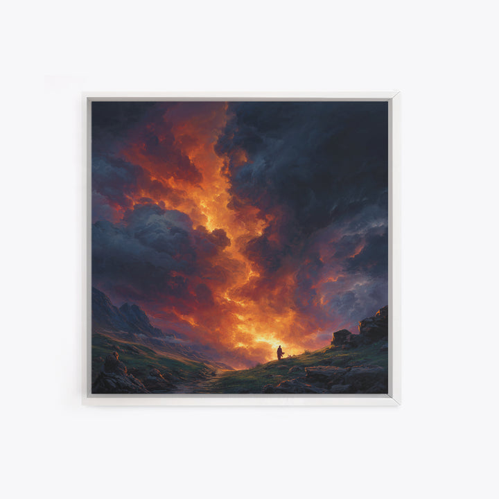 Fiery Mountain Storm At Sunset Wall Art, Dramatic Fantasy Landscape Canvas Print, Moody Maximalist Living Room Decor Gift