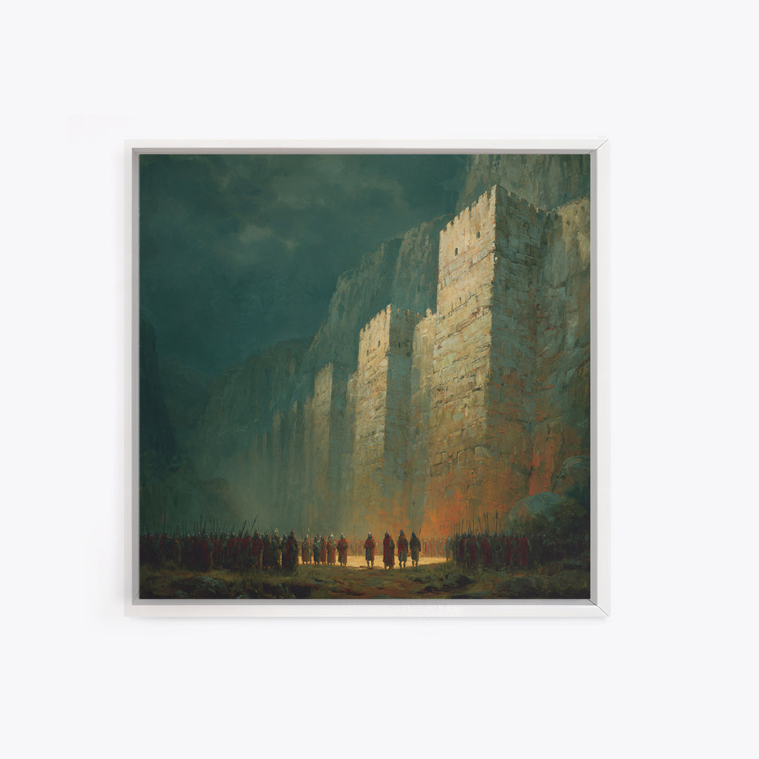 Towering Fortress In Misty Canyon Canvas Print, Epic Fantasy Wall Art, Medieval Castle Decor, Large Statement Artwork Print