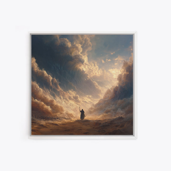 Biblical Sea Parting Prophet In Golden Storm Wall Art, Christian Canvas Print, Dramatic Religious Housewarming Gift Home Decor
