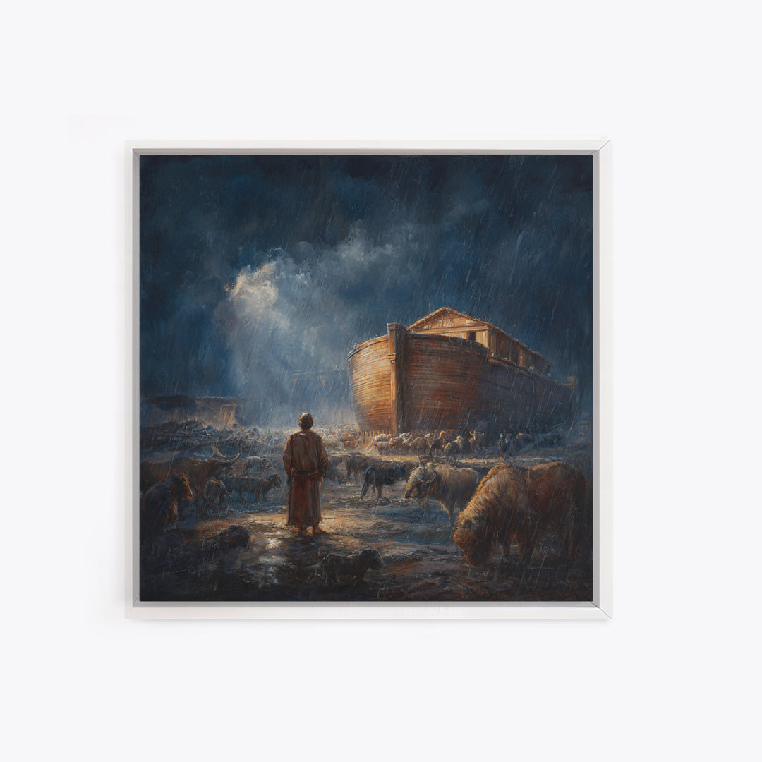 Noahs Ark In Stormy Rain With Animals Canvas Print, Biblical Wall Art, Christian Decor, Dramatic Nursery Or Living Room Art