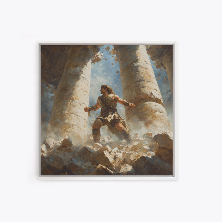 Heroic Warrior Among Crumbling Columns Wall Art, Fantasy Canvas Print, Ancient Ruins Decor, Mythology Artwork Gift For Him