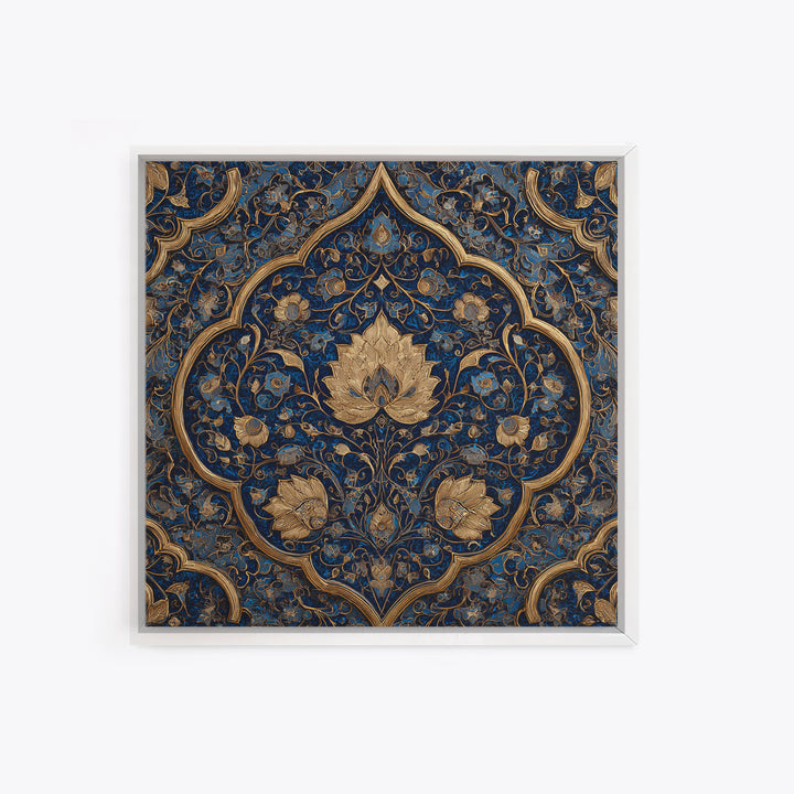Ornate Blue Gold Islamic Floral Pattern Wall Art, Moroccan Tile Canvas Print, Elegant Arabic Home Decor For Living Room Wall