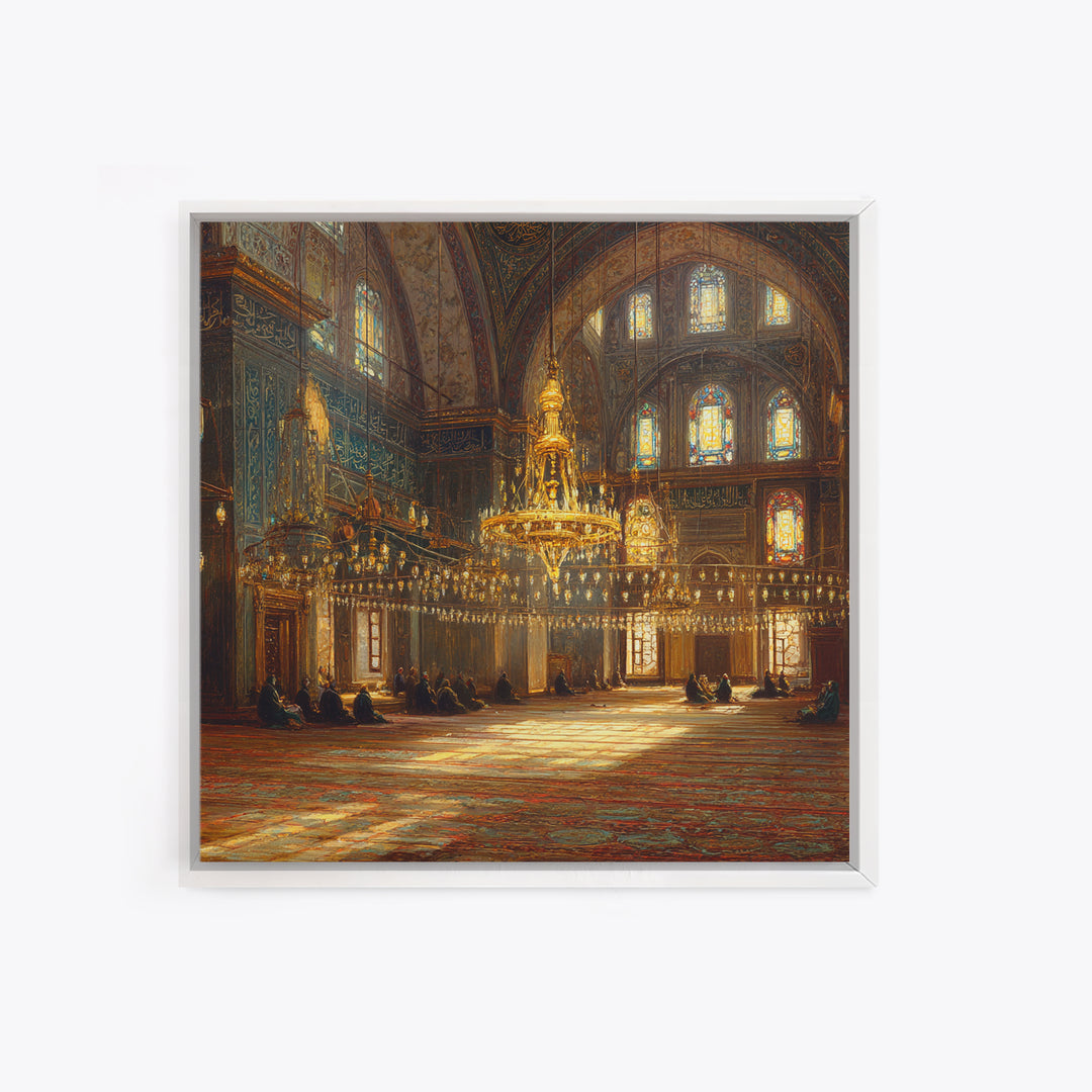Ornate Mosque Chandelier Wall Art, Islamic Interior Canvas Print, Arabic Calligraphy Decor, Prayer Room Framed Canvas Art