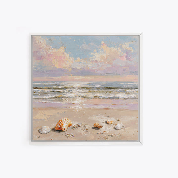 Pastel Ocean Waves And Seashells Wall Art, Coastal Seascape Framed Canvas Print, Beach House Living Room Decor For Bedroom