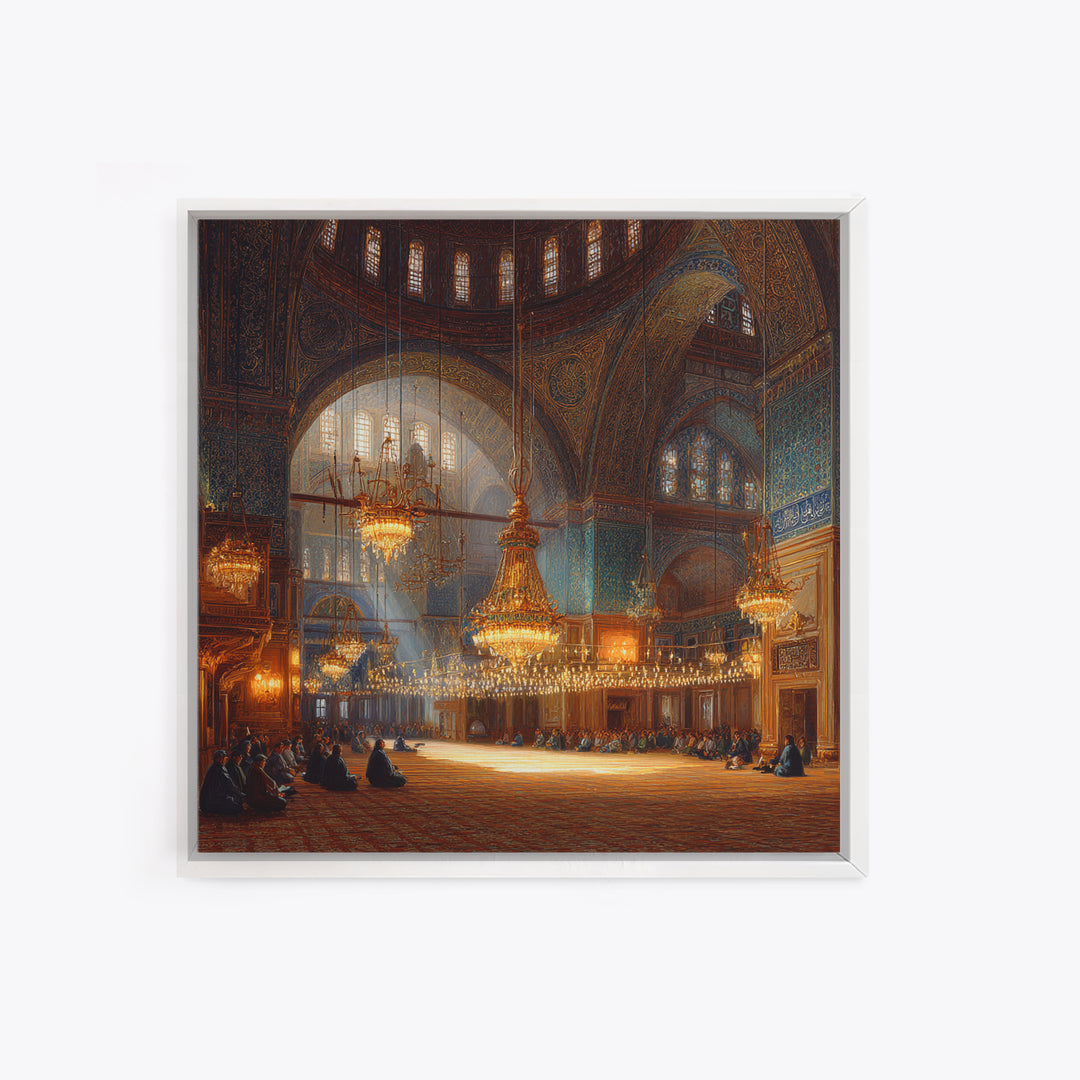 Ornate Mosque Interior With Chandeliers Wall Art, Islamic Architecture Framed Canvas Print, Prayer Room Decor, Luxury Wall Decor