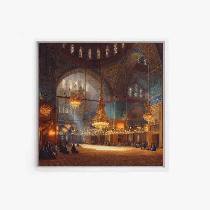 Ornate Mosque Interior With Chandeliers Wall Art, Islamic Architecture Framed Canvas Print, Prayer Room Decor, Luxury Wall Decor