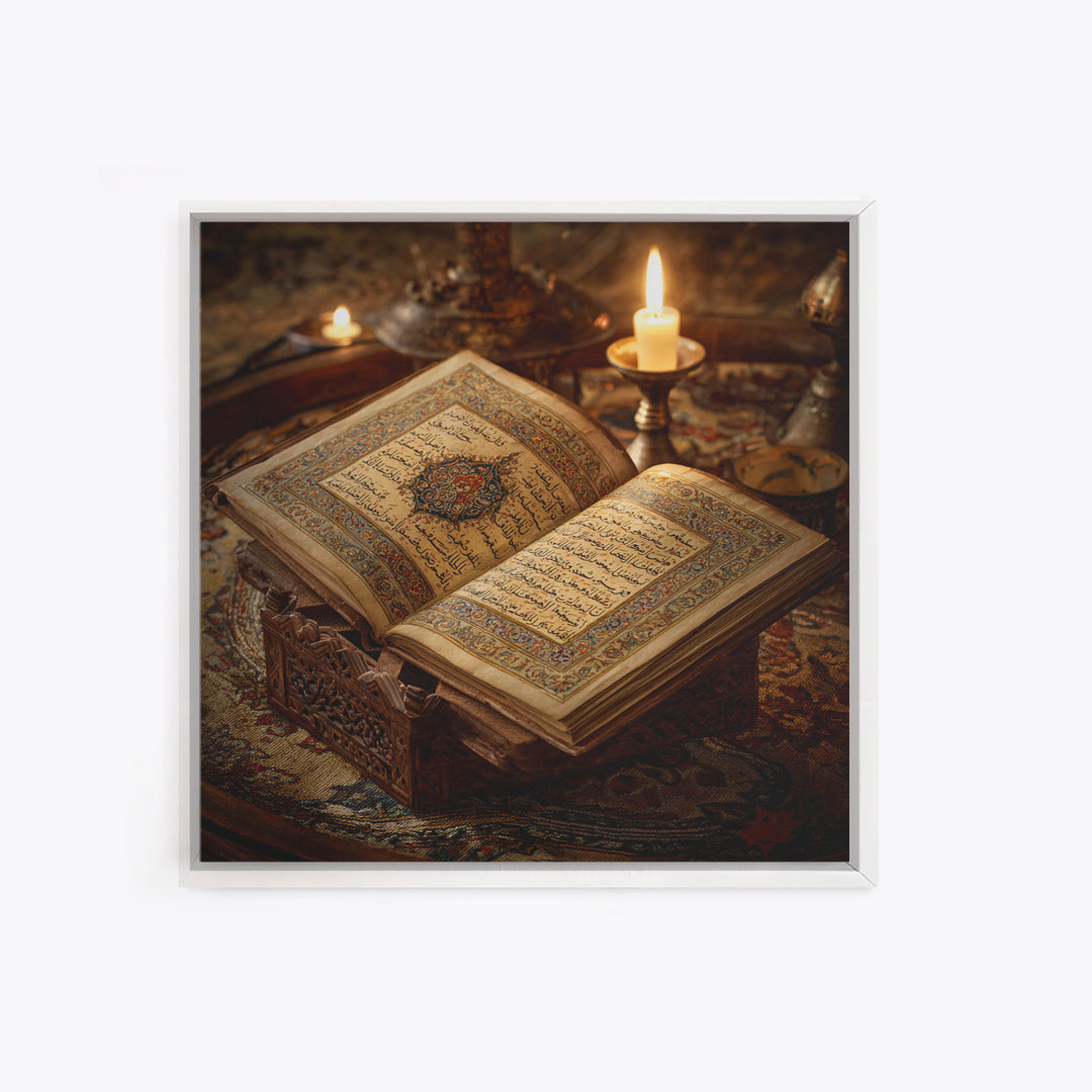 Illuminated Quran Manuscript With Candlelight Framed Canvas Print, Islamic Calligraphy Wall Art, Prayer Room Decor Gift Idea