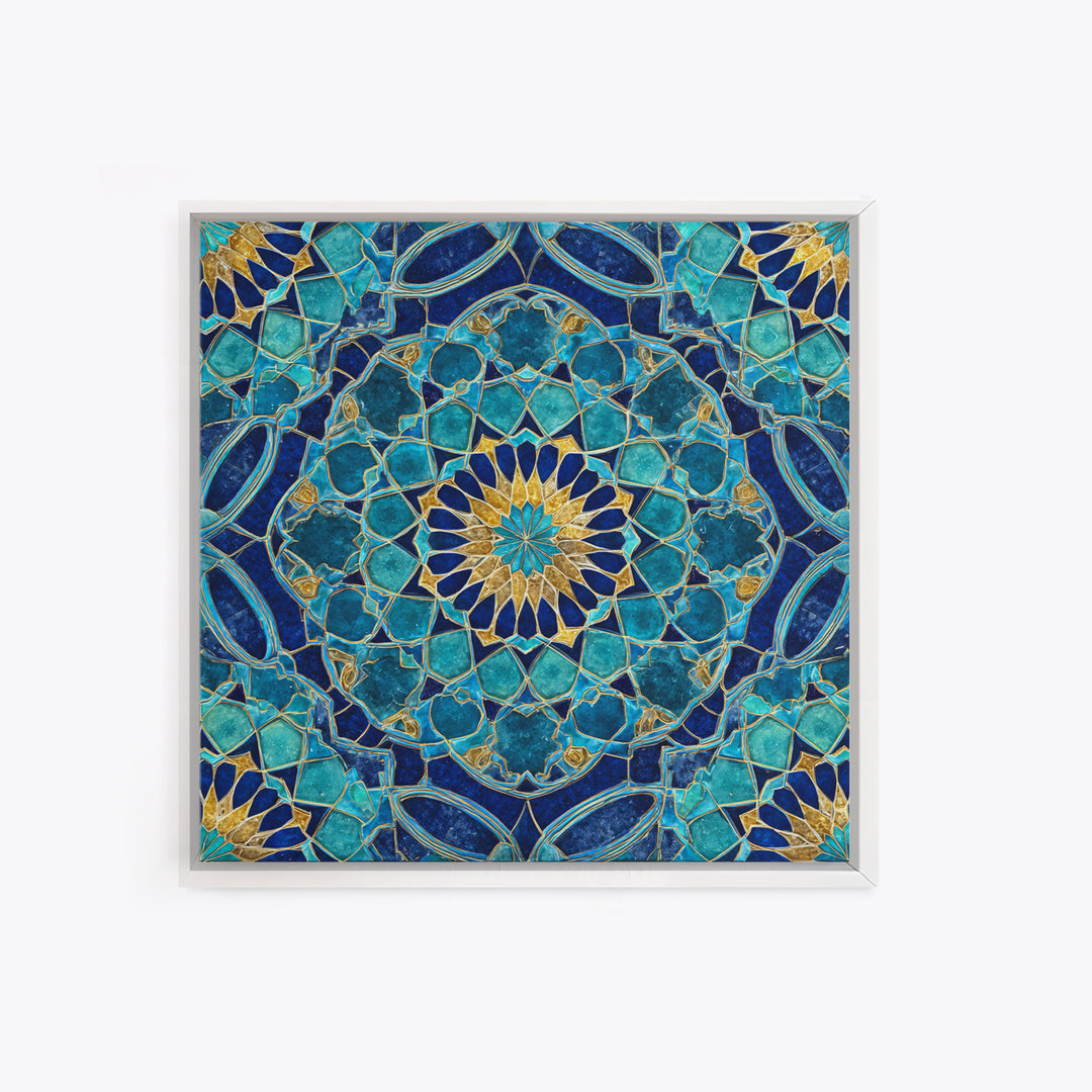 Teal Islamic Geometric Tile Wall Art, Moroccan Mosaic Pattern, Blue Gold Boho Decor, Mediterranean Canvas Print, Kitchen Decor