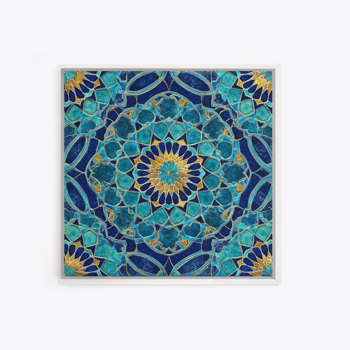 Teal Islamic Geometric Tile Wall Art, Moroccan Mosaic Pattern, Blue Gold Boho Decor, Mediterranean Canvas Print, Kitchen Decor