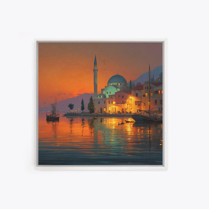 Waterfront Mosque At Orange Sunset Canvas Print, Islamic Architecture Art, Coastal Wall Decor, Travel Poster For Living Room