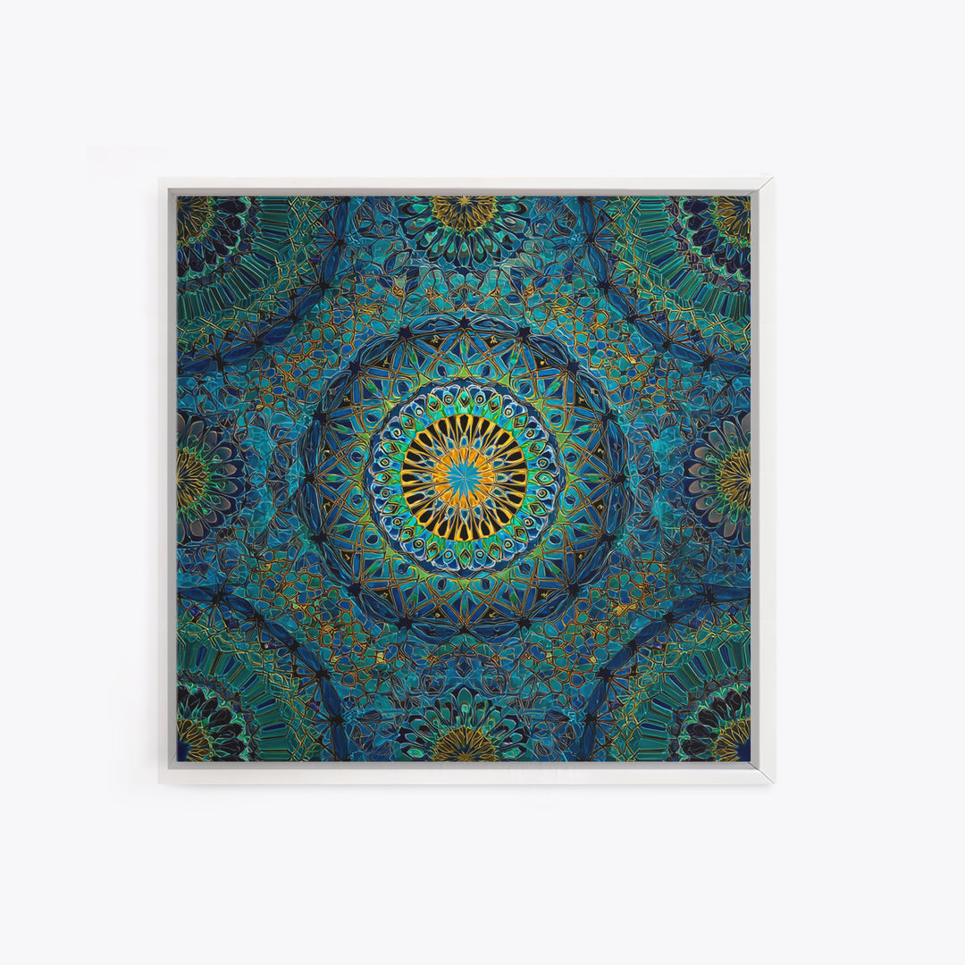 Teal Gold Geometric Mandala Wall Art, Sacred Geometry Abstract Print, Boho Spiritual Decor, Modern Meditation Room Art Gift