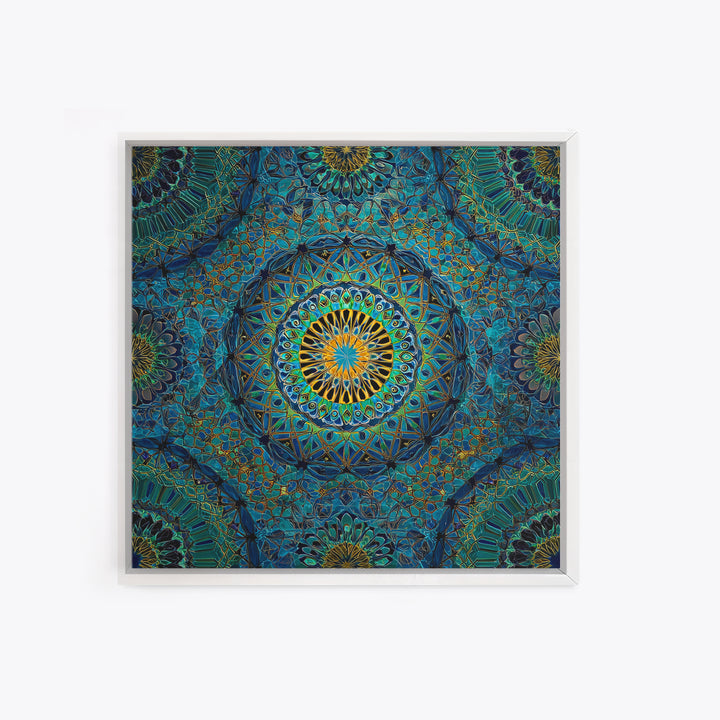 Teal Gold Geometric Mandala Wall Art, Sacred Geometry Abstract Print, Boho Spiritual Decor, Modern Meditation Room Art Gift