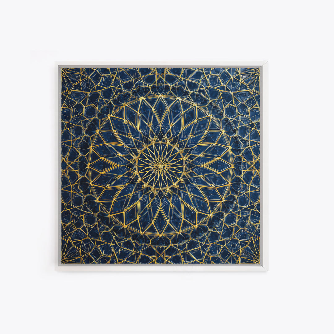 Blue Gold Geometric Mandala Canvas Print, Islamic Pattern Wall Art, Moroccan Abstract Decor For Meditation Room And Office