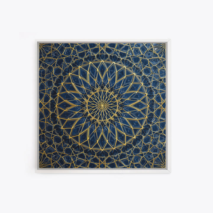 Blue Gold Geometric Mandala Canvas Print, Islamic Pattern Wall Art, Moroccan Abstract Decor For Meditation Room And Office