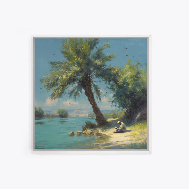 Leaning Palm By Blue Lagoon Wall Art, Tropical Coastal Landscape Painting, Serene Nature Decor, Mediterranean Canvas Print