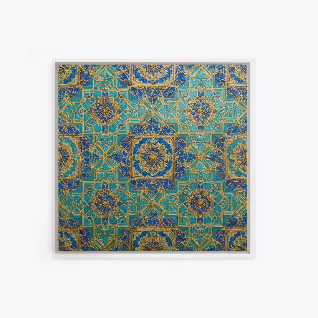 Blue And Gold Islamic Geometric Tile Wall Art, Moroccan Pattern Canvas Print For Elegant Home Decor And Meditation Room Decor