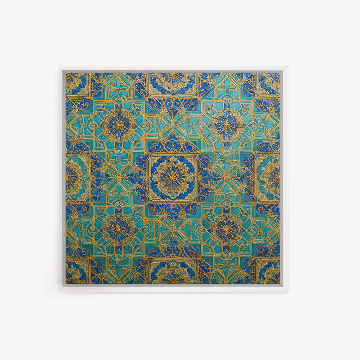 Blue And Gold Islamic Geometric Tile Wall Art, Moroccan Pattern Canvas Print For Elegant Home Decor And Meditation Room Decor