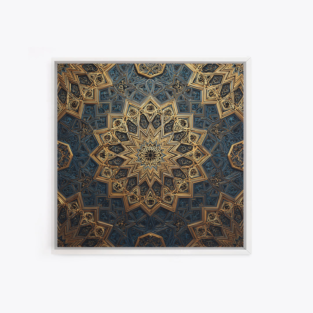Blue Gold Islamic Geometric Mandala Wall Art, Sacred Geometry Pattern, Moroccan Tile Decor, Meditation Room Statement Print