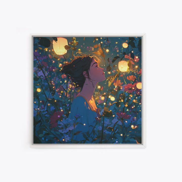 Lantern Lit Girl In Enchanted Flower Garden Wall Art, Whimsical Fairycore Decor, Fantasy Floral Print For Bedroom Living Room Decor