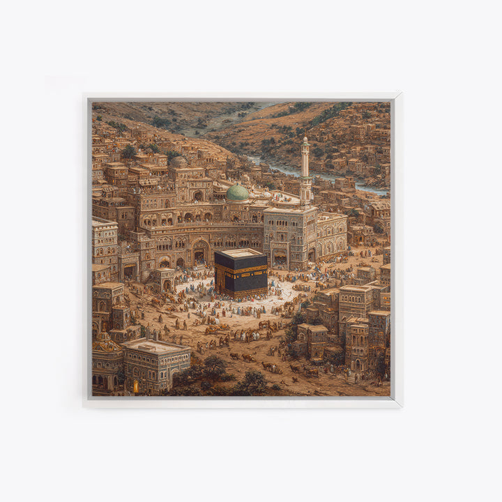 Kaaba In Ancient Mecca City Canvas Print, Islamic Architecture Wall Art, Hajj Prayer Room Decor Housewarming Gift For Muslim Home