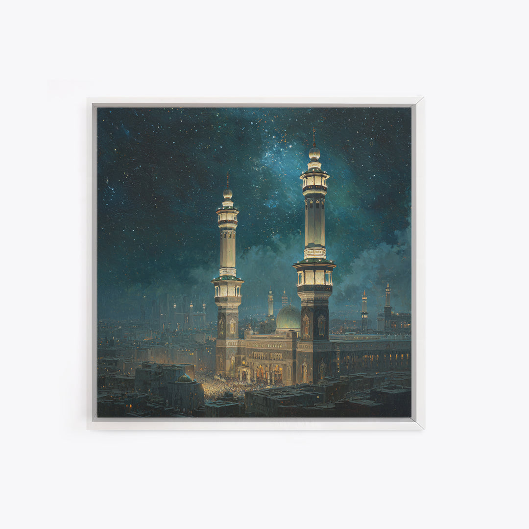 Starry Night Mosque Minarets Framed Canvas Print, Islamic Wall Art, Celestial Arabic Home Decor For Prayer Room And Eid Gift