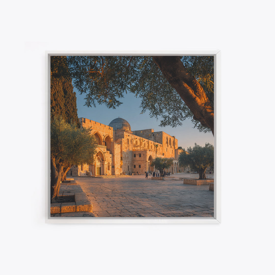 Golden Jerusalem Mosque Courtyard Wall Art, Islamic Architecture Print, Olive Tree Decor, Spiritual Travel Poster, Middle Eastern Decor