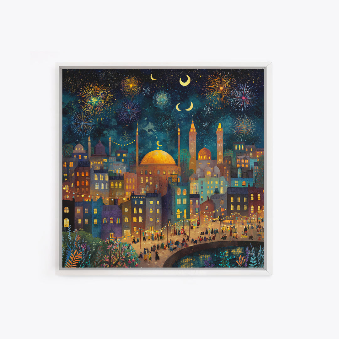 Crescent Moon City Fireworks Wall Art, Whimsical Islamic Canvas Print, Ramadan Decor, Celestial Nursery Art Gift For Kids Room Decor