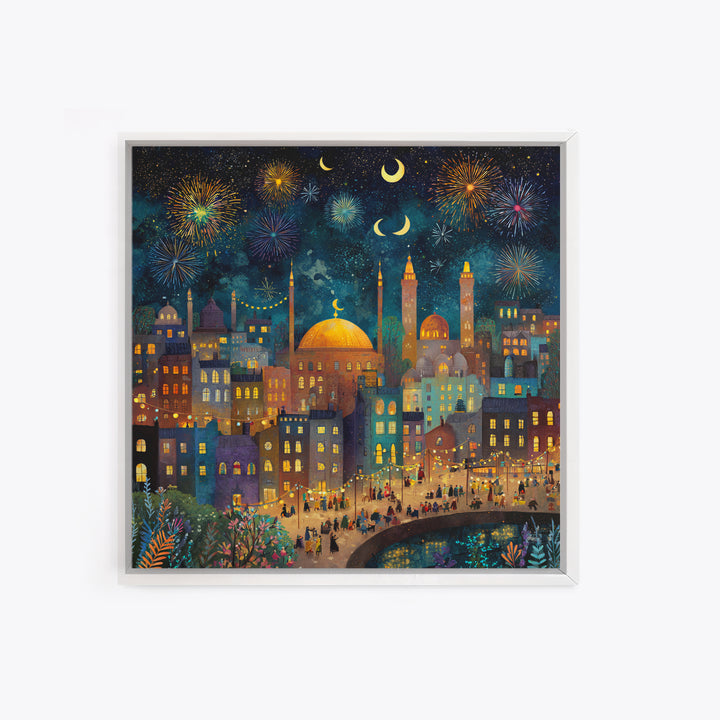 Crescent Moon City Fireworks Wall Art, Whimsical Islamic Canvas Print, Ramadan Decor, Celestial Nursery Art Gift For Kids Room Decor