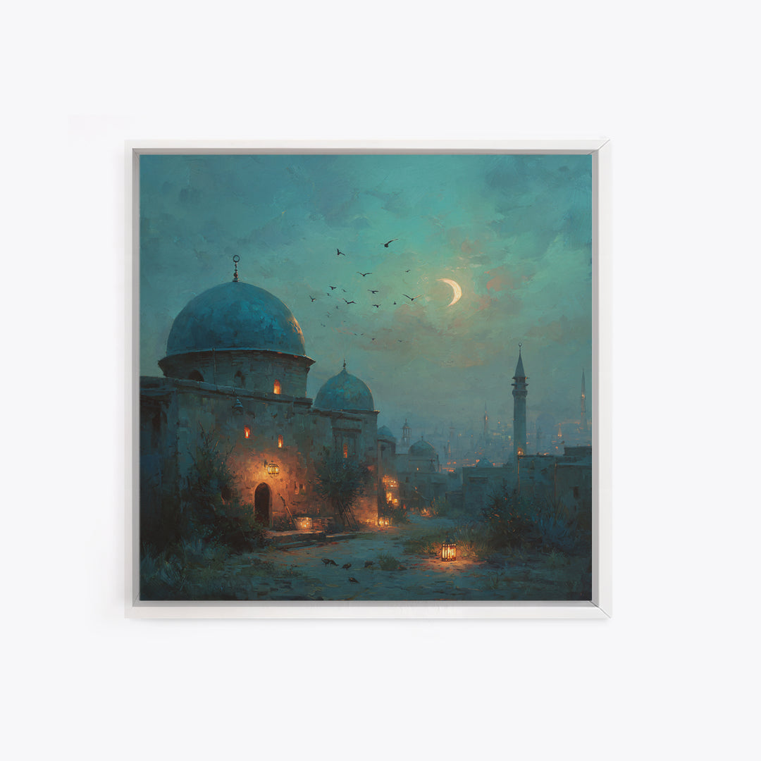 Moonlit Desert Dome Wall Art, Crescent Moon Islamic Architecture Painting, Moroccan Decor, Teal Blue Canvas Print, Ramadan Gift