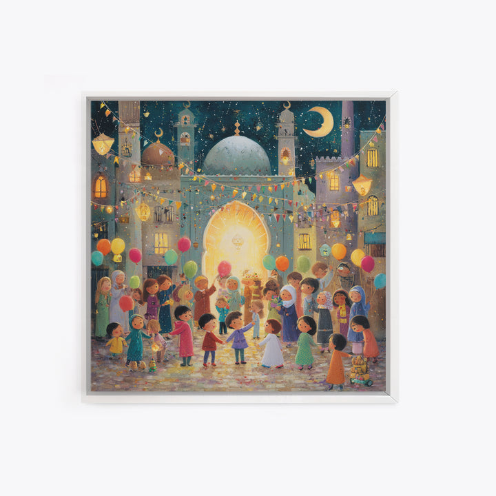 Whimsical Eid Festival Mosque Wall Art, Children With Balloons Islamic Decor, Ramadan Celebration Nursery Art Print Gift