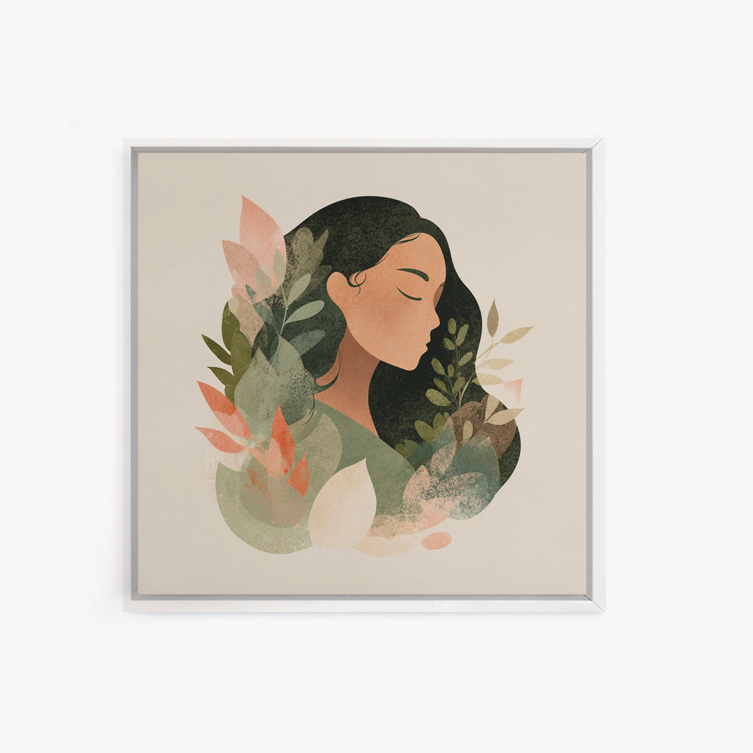 Serene Botanical Woman Portrait Canvas Print, Neutral Boho Wall Decor, Minimalist Art Print For Bedroom Living Room Home Decor