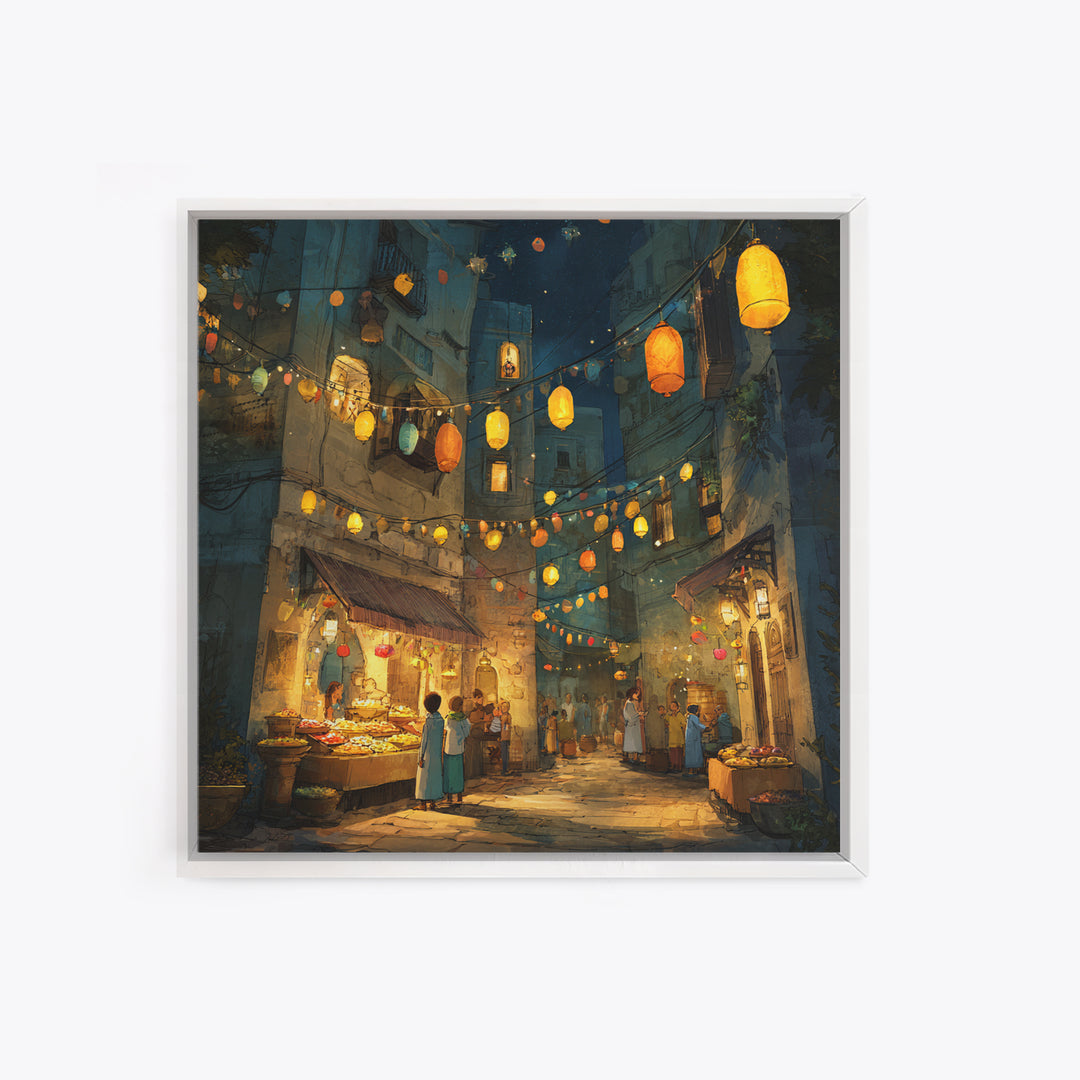 Glowing Lantern Night Market Alley With Food Stalls Wall Art, Moroccan Decor, Mediterranean Travel Poster, Kitchen Wall Art