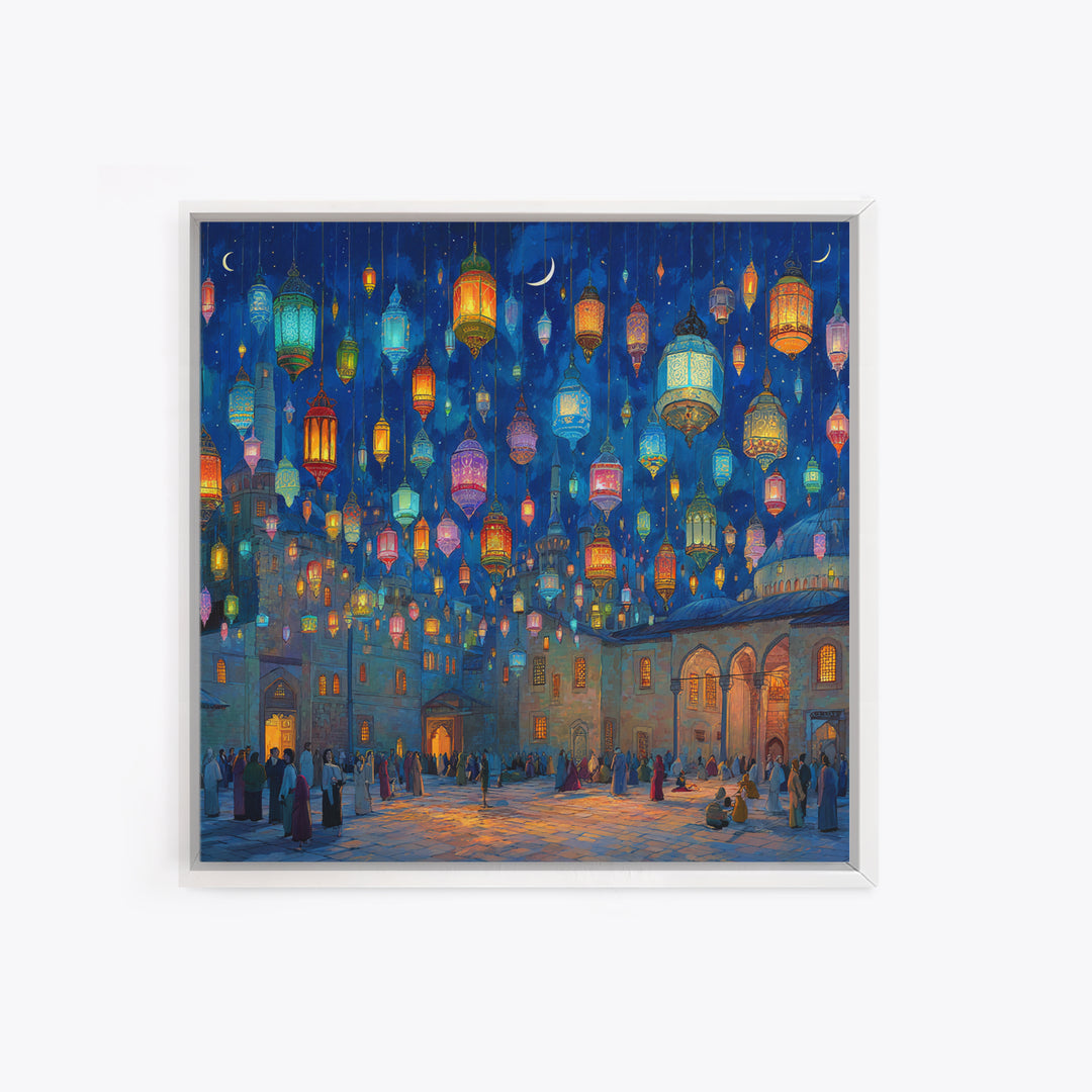 Colorful Ramadan Lanterns Over Courtyard Wall Art, Islamic Canvas Print, Arabic Home Decor, Eid Gift, Mystical Night Scene