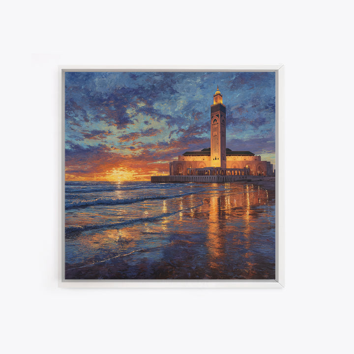 Sunset Mosque On Moroccan Coast Canvas Print, Islamic Wall Art, Ocean Seascape, Morocco Travel Poster, Coastal Home Decor