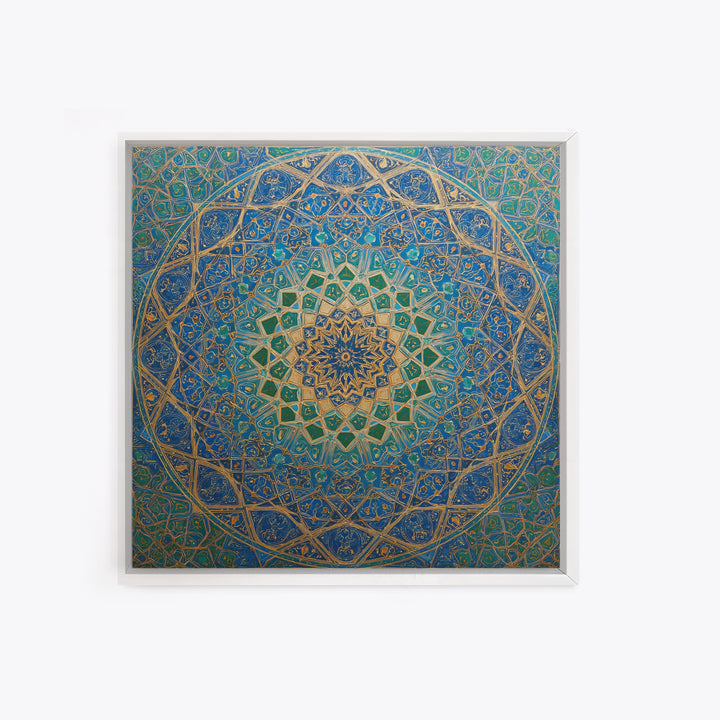 Blue Gold Islamic Geometric Mandala Wall Art, Moroccan Mosaic Canvas Print, Arabic Decor Gift For Prayer Room