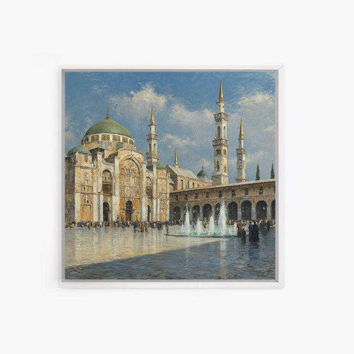 Grand Mosque Courtyard Framed Canvas Print, Islamic Architecture Wall Art, Impressionist Travel Poster, Elegant Office Decor