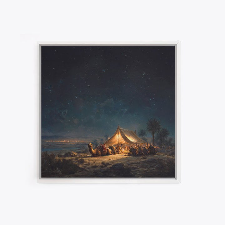 Starlit Desert Camp Canvas Print, Camel Caravan Landscape Art, Celestial Night Sky Wall Decor, Boho Travel Poster Gift For Him