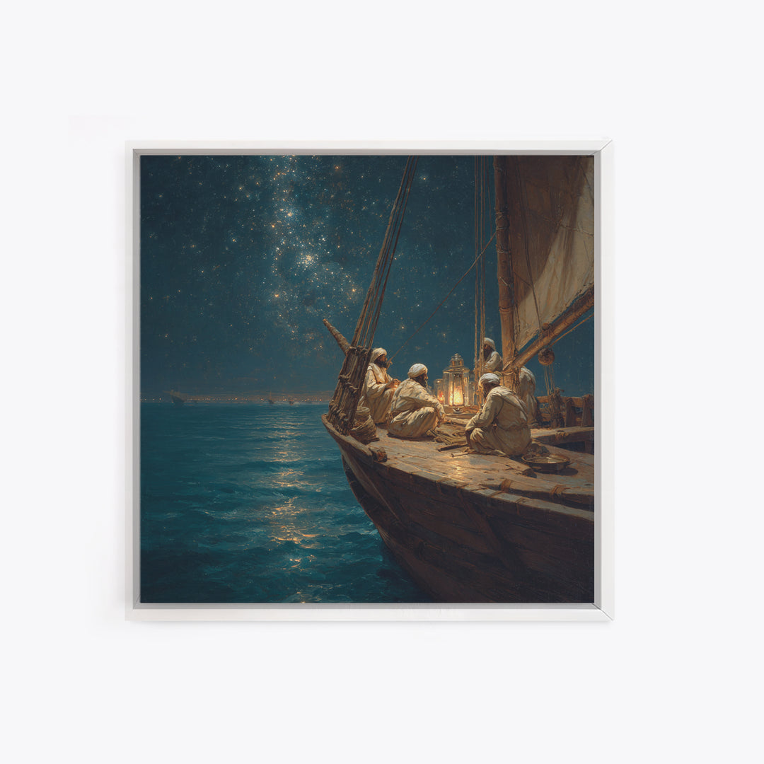Starlit Arabian Sailboat Canvas Print, Nautical Wall Art, Ocean Night Seascape, Coastal Decor, Travel Inspired Art, Starry Sky