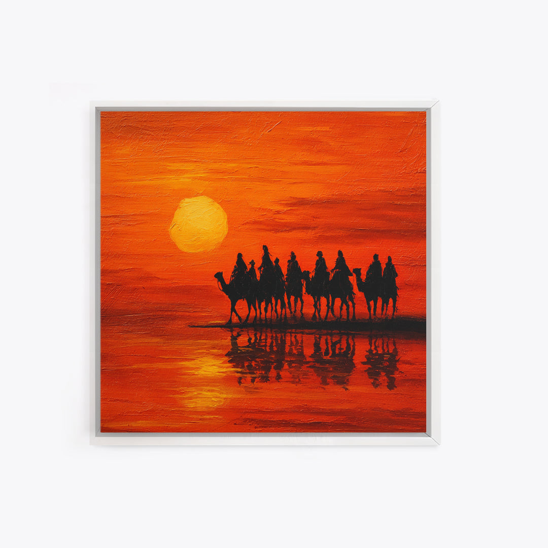 Camel Caravan At Orange Desert Sunset Wall Art, Moroccan Travel Canvas Print, Sahara Landscape Decor, Boho Housewarming Gift